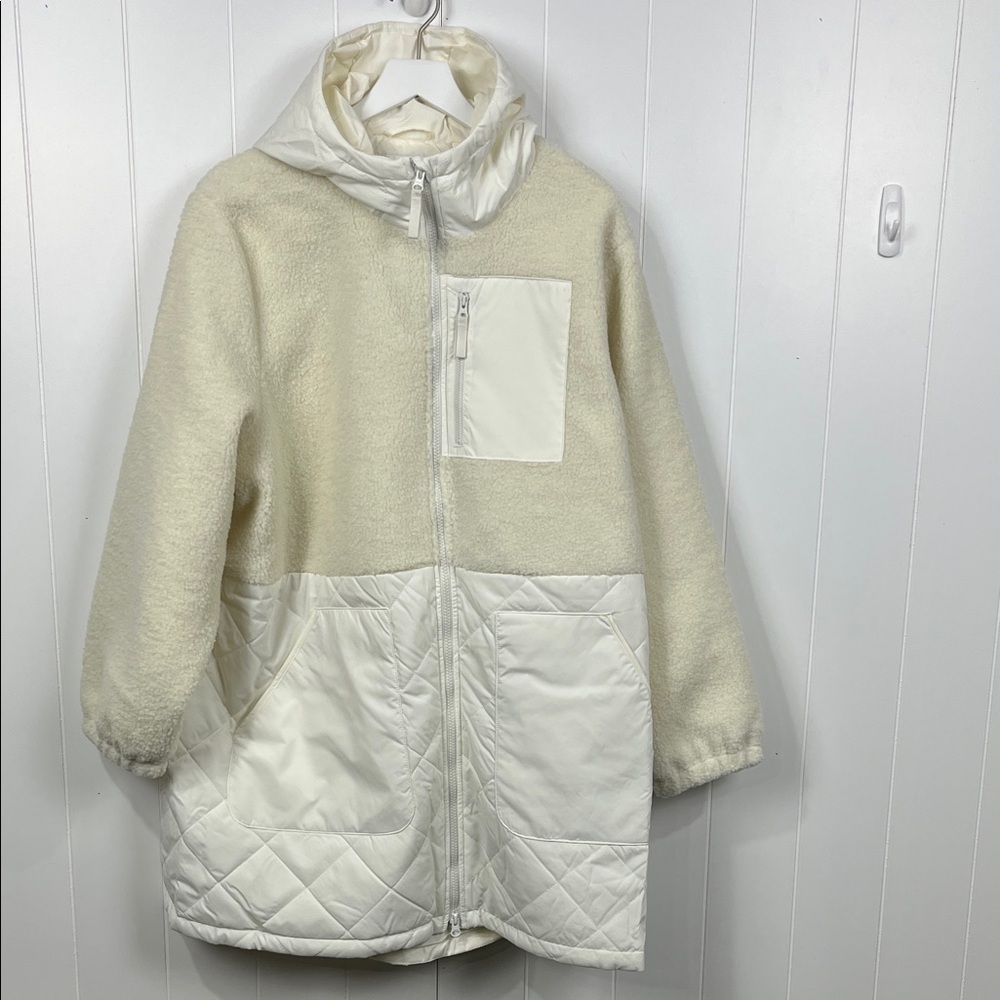 Lands End Womens Fleece/Quilted Jacket 2X White Full Zip Pockets Hood Sherpa NWT